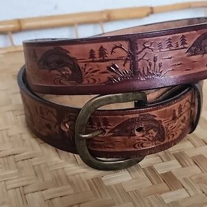 Vtg. Artisan Crafted Tooled Brown Leather Belt with Fish Motif 31" Women's Boho